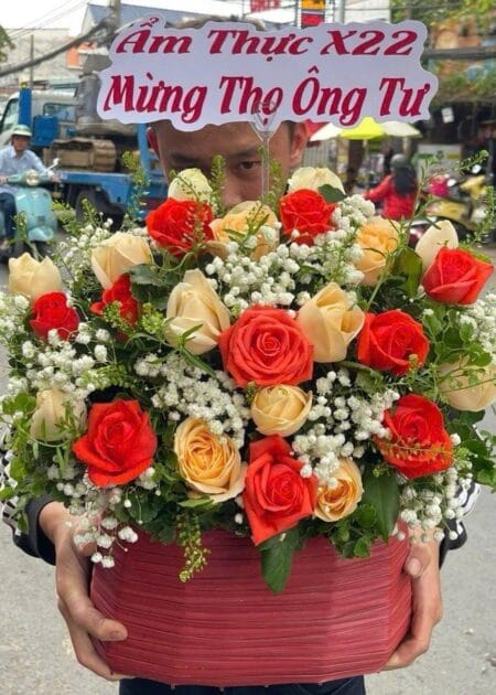 giỏ hoa chúc thọ hồng đỏ cam giá rẻ