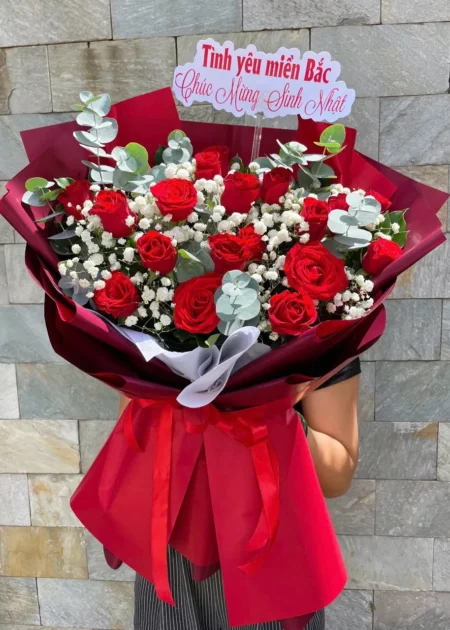 Bó Hoa Hồng Đỏ Sinh Nhật Giấy Đỏ Đô