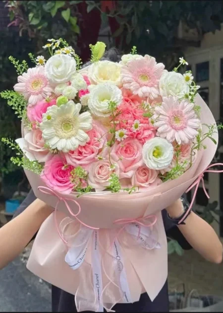 Bó Hoa Mix Hồng Đồng Tiền Cát Tường – Hoa Sinh Nhật, Hoa Tặng Người Thương Tông Hồng Trắng