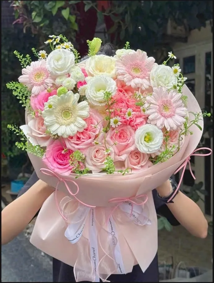Bó Hoa Mix Hồng Đồng Tiền Cát Tường – Hb1027 1 Bó Hoa Mix Hồng Đồng Tiền Cát Tường – Hoa Sinh Nhật, Hoa Tặng Người Thương Tông Hồng Trắng