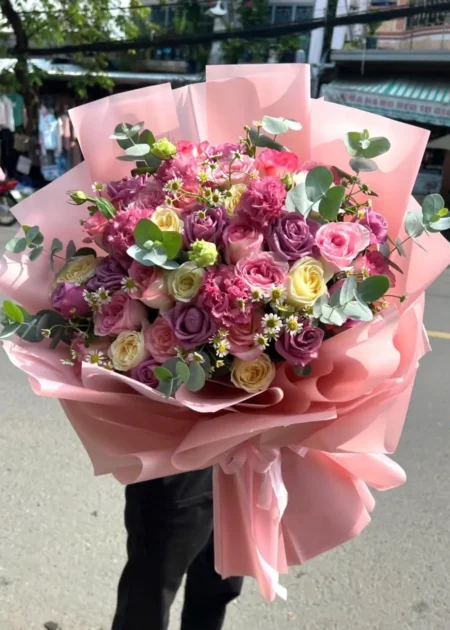bó hoa mix hồng cát tường cúc họa mi