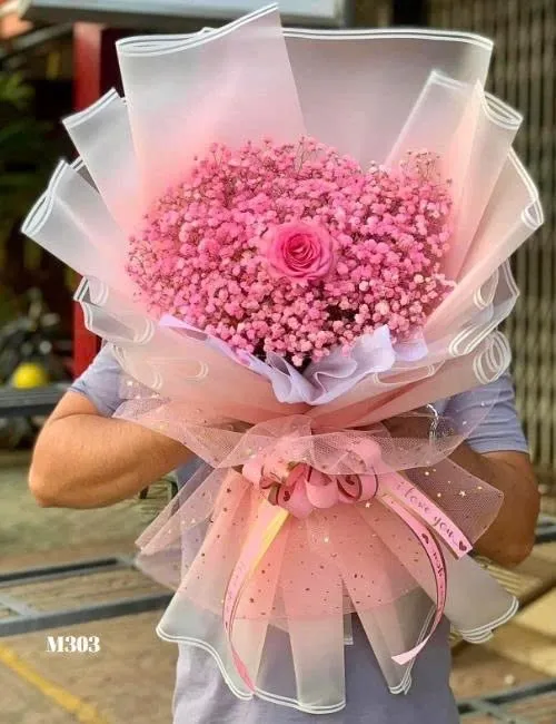 Bó Hoa Baby Hồng Điểm Hoa Hồng Tặng Người Yêu – Ngọt Ngào Say Đắm - Hb1095 1 hoa baby hồng điểm hoa hồng