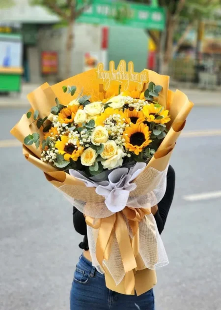 hoa hướng dương phối hồng kem
