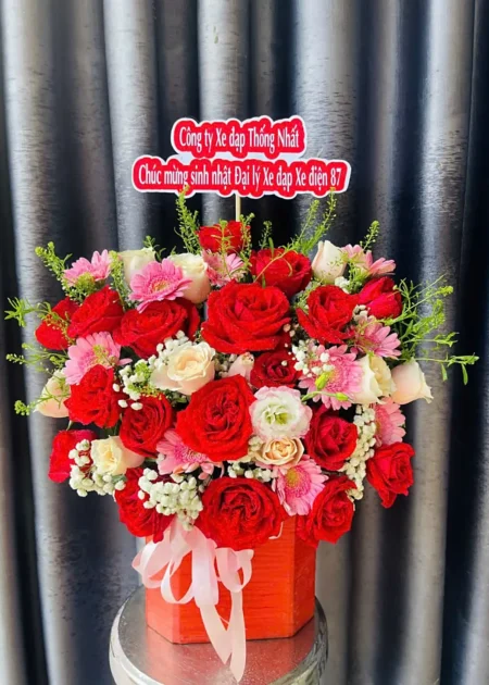 Hộp hoa hồng đỏ đồng tiền hồng Rạng Rỡ Ngày Vui