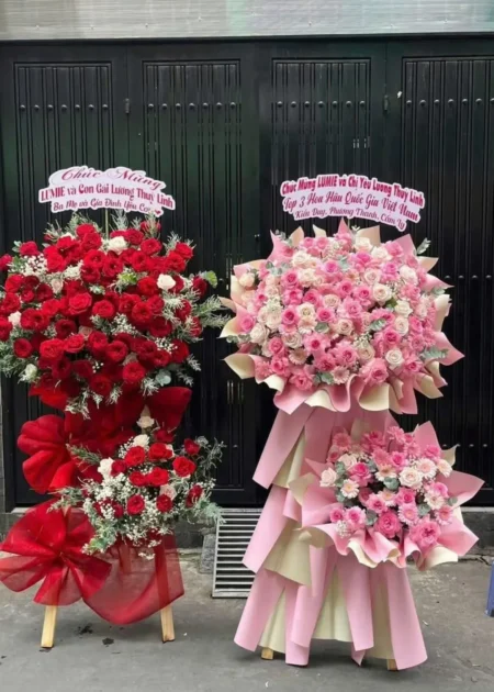 kệ hoa chúc mừng 2 tầng Rạng Rỡ Vinh Quang tông đỏ và tông hồng
