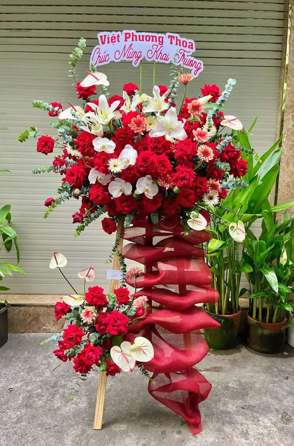 Kệ Hoa Hồng Đỏ Ly Trắng – Đỏ Trắng Viên Mãn – DVKT279 6 kệ hoa hồng đỏ ly trắng Đỏ Trắng Viên Mãn