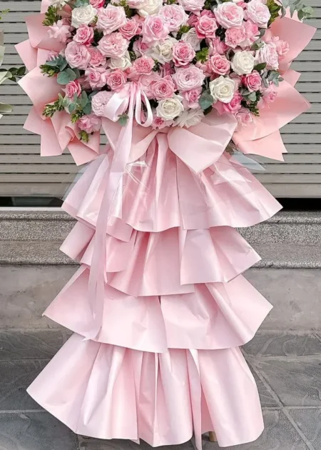 Kệ Hoa Khai Trương Pastel – Dịu Dàng Khởi Phát – DVKT250 5 kệ hoa khai trương pastel hồng phấn giấy hồng xếp tầng