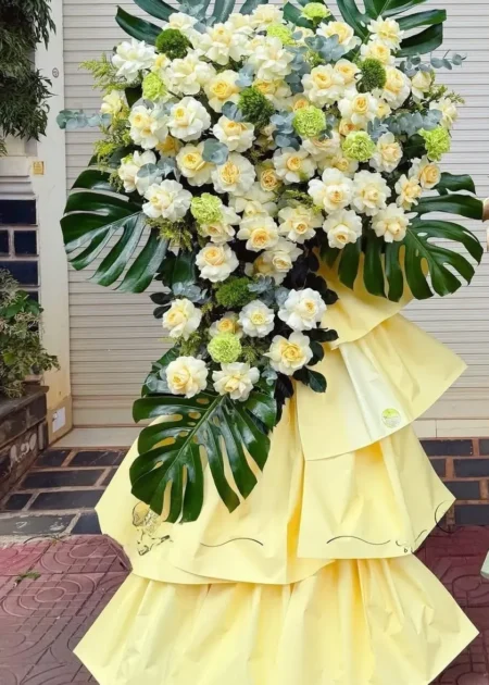 Kệ Hoa Khai Trương Trụ Sở Mới – Song Kệ An Khang – DVKT276 4 kệ hoa khai trương trụ sở mới giấy vàng lá xanh